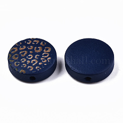 塗装天然木ビーズ  レーザー彫刻模様  ヒョウ柄とフラットラウンド  ダークブルー  15x4.5mm  穴：1.5mm&nbsp;WOOD-T021-49A-02