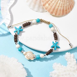 Starfish & Tortoise Synthetic Turquoise Braided Bead Bracelet&nbsp;BJEW-JB09967-01