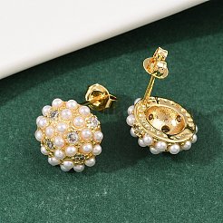 半円形の真鍮マイクロパヴェクリアキュービックジルコニアスタッドピアス  absプラスチックパール  長持ちメッキ  ラックめっき  18KGP本金メッキ  12.5mm&nbsp;EJEW-L275-01G