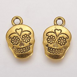 メキシコの休日の死んだ砂糖頭蓋骨チベットスタイル合金金属ペンダントの日  メキシコの死者の祝日  鉛フリー＆カドミウムフリー＆ニッケルフリー  アンティーク黄金  18x12x3mm  穴：2mm&nbsp;TIBEP-21061-AG-FF