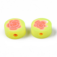 手作り樹脂粘土ビーズ  ジュエリー工芸用品のDIY用  花付きフラットラウンド  緑黄  9.5x3.5~5mm  穴：1.8mm&nbsp;CLAY-N008-022I