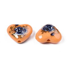 フラワープリント不透明なアクリルハートビーズ  砂茶色  16x19x8mm  穴：2mm&nbsp;SACR-S305-28-J01
