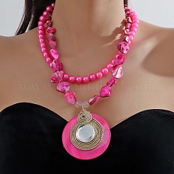 Alloy Resin and Imitation Pearl and Dyed Natural Beaded Flat Round Pendant Double Layer Necklaces for Women&nbsp;FS-WGE2896-02
