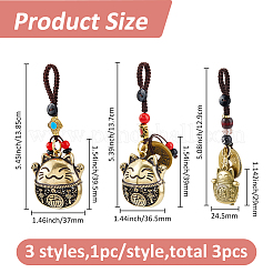 3Pcs 3 Styles Brass Lucky Cat Pendant Decoration&nbsp;HJEW-FH0001-75
