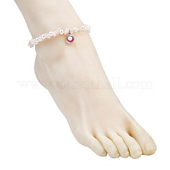 Alloy Enamel Shell Shape Charm White Round Shell Pearl & Natural Rose Quartz Chip Beaded Anklets&nbsp;AJEW-AN00734-01