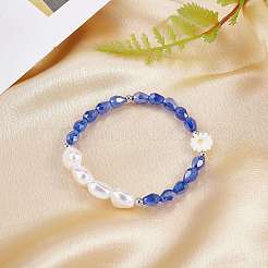 3 個の天然シェル & プラスチック パール フラワー & ガラス ビーズ ネックレスとストレッチ ブレスレット セット  女性のためのジュエリーセット  ブルー  15-3/8~18-1/4インチ（39~46.5cm）  内径：2インチ（5.3cm）&nbsp;SJEW-SW00010-03