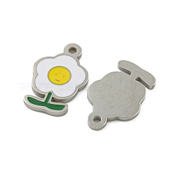 304ステンレススチールチャーム  エナメル  笑顔のチャーム付きフラワー  ステンレス鋼色  ホワイト  13x8x1mm  穴：1mm&nbsp;STAS-L022-435P-03