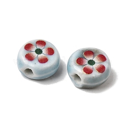 フラットラウンドい手作りの花柄磁器ビーズ  赤い五弁の花柄がプリントされたヴィンテージセラミックビーズ  士官候補生ブルー  11~12x7mm&nbsp;PR-CBA03B0-02A