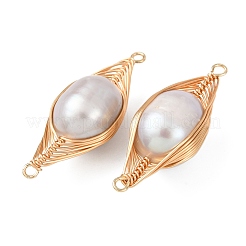 Copper Herringbone Wire-Wrapped Natural Pearl Round Links Connector Charms&nbsp;KK-Z152-02G-02