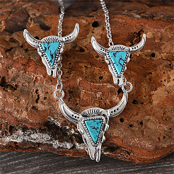 Western Cowboy Style Synthetic Turquoise Cattle Head Pendant Necklaces & Stud Earrings Sets for Women&nbsp;FS-WG063A3-03
