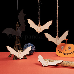 コウモリの形のハロウィーンの空白の木製の切り欠きの装飾品  ハロウィンハンギングデコレーション用  キッズクラフトdiyパーティー用品  バリーウッド  56x113x2mm  ロープ：320x1mm&nbsp;WOOD-L010-05
