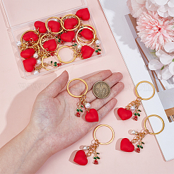 15Pcs Plastic Heart & ABS Plastic Pearl Bead & Alloy Enamel Rose Keychains&nbsp;KEYC-ME00018