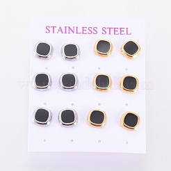 304ステンレススチールスタッドピアス  エナメルとイヤーナッツ  菱形  ブラック  ミックスカラー  10.5x10.5x2.5mm  ピン：0.6mm  6のペア/カード&nbsp;EJEW-I235-03