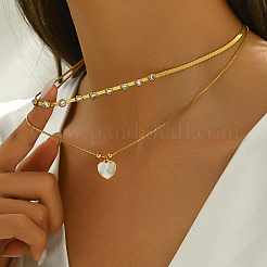201 Stainless Steel Pave Natural Shell & Crystal Rhinestone Heart Pendant Double Layer Necklaces for Elegant Ladies' Date Party&nbsp;VQ9886