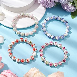 手作りの花柄プリント磁器セラミックビーズストレッチブレスレット  ミックスカラー  内径：2-3/8インチ（6cm）&nbsp;BJEW-JB11063