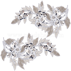 ポリエステル刺繍糸アイロン接着/縫い付けパッチ2個  プラスチック付き  布のアップリケ  花  銀  326x195x4mm&nbsp;PATC-CY0001-36B