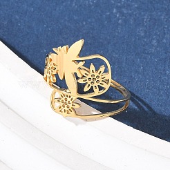 304ステンレススチール製調節可能なカフリング  蜂と花  18KGP本金メッキ  21.5mm  usサイズ8 1/2(18.5mm)&nbsp;RJEW-Z090-01G