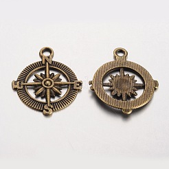 チベットスタイルの合金のペンダントをコンパス  鉛フリー＆ニッケルフリー＆カドミウムフリー  アンティークブロンズ  29x25x2mm  穴：3mm  約588個/1000g&nbsp;PALLOY-K110-25AB-NR