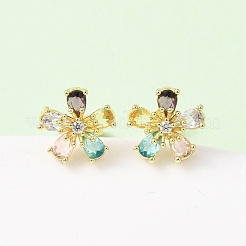 Brass Micro Pave Cubic Zirconia Flower Stud Earrings&nbsp;EJEW-H174-01A-G