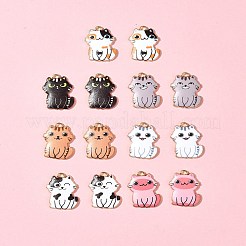 14本7色ラックメッキ合金エナメルペンダント  ゴールドカラー  猫のチャーム  ミックスカラー  25x17x3mm  穴：2mm  2個/カラー&nbsp;FIND-FS0003-05