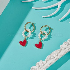 シェルパールビーズリング、アロイハートダングルフープピアス  女性用ゴールドブラスロングドロップイヤリング  レッド  53mm  ピン：0.6mm&nbsp;EJEW-TA00172
