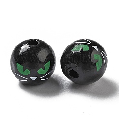 ハロウィーン スプレー塗装ウッド ビーズ  丸くて緑色の猫目模様  ブラック  15.5~16x14.5~15mm  穴：4mm&nbsp;X1-WOOD-C002-03