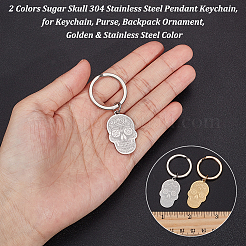 2個 2色 シュガースカル 304ステンレススチールペンダントキーホルダー  キーホルダー用  財布  バックパック飾り  ゴールデン·ステンレス鋼色  5.9cm  1pc /カラー&nbsp;KEYC-UN0001-16