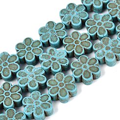 合成ターコイズビーズ連売り  花  ダークターコイズ  14~15x13.5~14x5~5.5mm  穴：1.8~2mm  約26個/連  14.37~14.57インチ（36.5~37cm）&nbsp;G-N364-05A-01