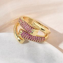 女性用真鍮マイクロパヴェキュービックジルコニアカフオープンリング  長持ちメッキ  ラックめっき  18KGP本金メッキ  濃いピンク  18mm  usサイズ8 1/2(18.5mm)&nbsp;RJEW-L343-12G-02