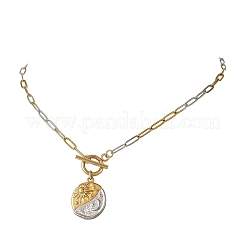 Two Tone 304 Stainless Steel Paperclip Chain Moon with Sun Coin Pendant Necklaces&nbsp;NJEW-JN06573