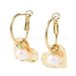 Heart Brass & Natural Pearl Hoop Earrings&nbsp;EJEW-Z159-03G