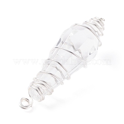 ワイヤーラップガラスペンダント  真鍮パーツ  ファセット弾チャーム  透明  銀  42x13.5~14.5mm  穴：2.5~3mm&nbsp;PALLOY-JF01311-01