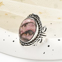 天然ロードナイトの調節可能なリング  鉛フリー＆カドミウムフリー  女性用アンティークシルバーメッキ真鍮指輪  オーバル  27mm  内径：17mm&nbsp;RJEW-I108-01AS-04