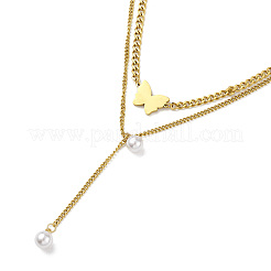 Ion Plating(IP) 304 Stainless Steel Curb Chains Double Layer Necklaces&nbsp;NJEW-M199-14G