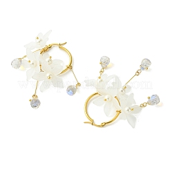 アクリル、ガラス、シェルパールフープピアス（女性用）  花  ホワイト  ゴールドカラー  63x31mm&nbsp;EJEW-TA00564