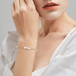 925スターリングシルバーアズキチェーンブレスレット  女性用シェルパールリンクブレスレット  14KGP本金メッキ  6-1/2インチ（16.5cm）&nbsp;BJEW-I314-101