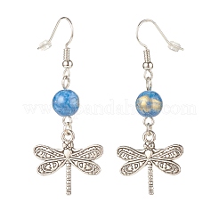 Round Natural Mashan Jade with Alloy Dragonfly Dangle Earrings&nbsp;EJEW-JE04855-04