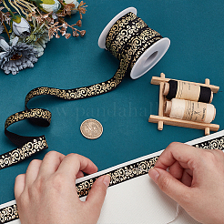 10ヤードの金箔押しフラワーポリエステル伸縮コード  フラット  洋服アクセサリー  ブラック  15.5mm&nbsp;OCOR-WR0001-49A