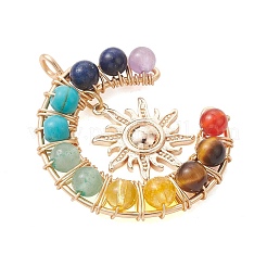 7 Chakra Round Mixed Stone Copper Wire Wrapped Moon Pendants&nbsp;PALLOY-TA00401-01