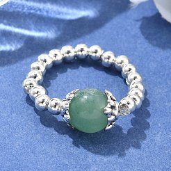 Platinum Tone Iron Bead Natural Mixed Stone Stretch Finger Rings&nbsp;RJEW-JR00142