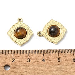 天然石タイガーアイペンダント  304ステンレススチールチャーム  14KGP本金メッキ  菱形  20x17.5x6mm  穴：1.6mm&nbsp;STAS-L080-009G-08