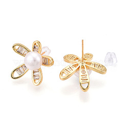 Flower Brass Natural Pearl Stud Earrings&nbsp;PEAR-N020-05X