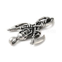 304ステンレススチール製手磨きビッグペンダント  斧チャーム付きスカル  アンティークシルバー  51.5x32x5mm  穴：4x6mm&nbsp;STAS-G274-28AS
