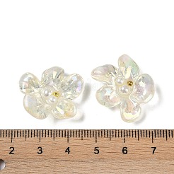 AB カラー透明エポキシ樹脂 & ABS パールデコデンカボション  スチールビーズ付きの花  淡黄色  20x23x7.5mm&nbsp;CRES-S367-18B