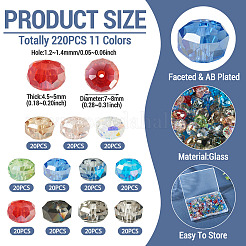 220個11色電気メッキガラスビーズ連売り  ロンデル  多面カット  ABメッキ  ミックスカラー  7~8x4.5~5mm  穴：1.2~1.4mm  20個/カラー&nbsp;EGLA-TA0013-52