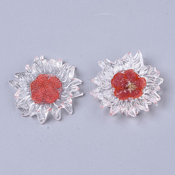 無色透明エポキシ樹脂カボション  内部のドライフラワーと  花  レッドオレンジ  32~35x6mm&nbsp;CRES-N025-02F