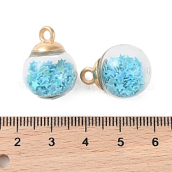 ガラスの丸いペンダント  プラスチック製の金具とフォームグリッター付き  ディープスカイブルー  21x16mm  穴：2.5mm&nbsp;GLAA-P063-01G-04