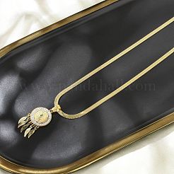 201ステンレススチール製クリアキュービックジルコニアフラットラウンド聖ベネディクトメダルと羽根ペンダントネックレス  18KGP本金メッキ  16.42インチ（41.7cm）&nbsp;NJEW-H055-03G