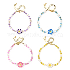 ポリマークレイの花、ガラス、天然のトランペットシェルビーズを使用した女性用ブレスレット  ゴールドカラー  ミックスカラー  7.68インチ（19.5cm）&nbsp;BJEW-JB14391