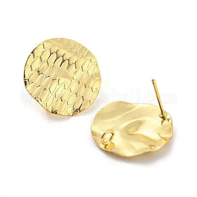 Textured Flat Round Rack Plating Brass Stud Earrings Findings&nbsp;EJEW-K263-30G-1